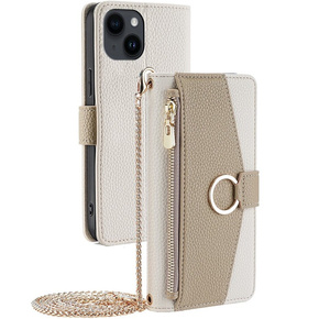 Flipové pouzdro Wallet Zipper Pocket pro iPhone 14, Wallet Zipper Pocket, se zrcátkem, bílé