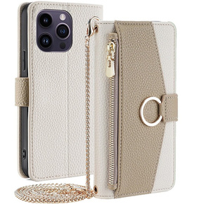 Flipové pouzdro Wallet Zipper Pocket pro iPhone 15 Pro Max, Wallet Zipper Pocket, se zrcátkem, bílé