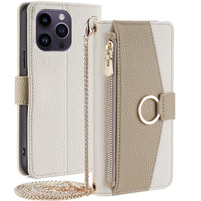 Flipové pouzdro Wallet Zipper Pocket pro iPhone 15 Pro, Wallet Zipper Pocket, se zrcátkem, bílé