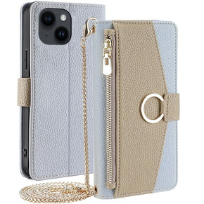 Flipové pouzdro Wallet Zipper Pocket pro iPhone 15, Wallet Zipper Pocket, se zrcátkem, modré