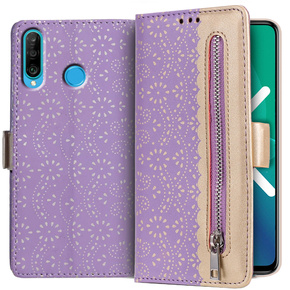 Flipové pouzdro pro Huawei P30 Lite, Wallet Pocket Zipper Lace, fialové