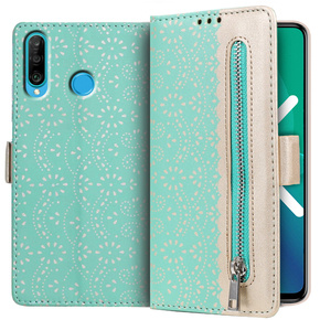 Klopové pouzdro pro Huawei P30 Lite, Wallet Zipper Lace Case, zelené