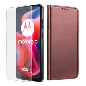 Klopové pouzdro pro Motorola Moto G04 / G24 / G24 Power, Smart Magnetic, kaštanové + 9H sklo