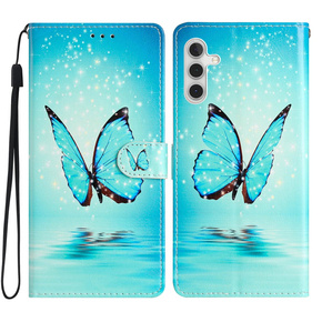 Klopové pouzdro pro Samsung Galaxy A25 5G, Wallet, Butterfly, modré + 9H sklo