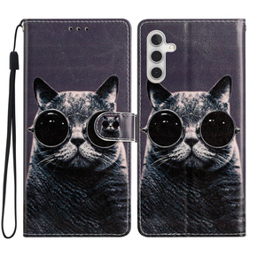 Klopové pouzdro pro Samsung Galaxy A25 5G, Wallet, Cat, černé+ 9H sklo