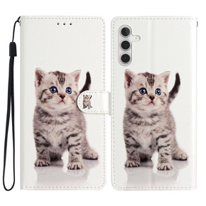 Klopové pouzdro pro Samsung Galaxy A25 5G, Wallet, Cute Cat, bílé + 9H sklo