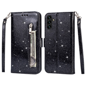 Klopové pouzdro pro Samsung Galaxy A35 5G, Wallet Zipper Pocket Glittery, černé