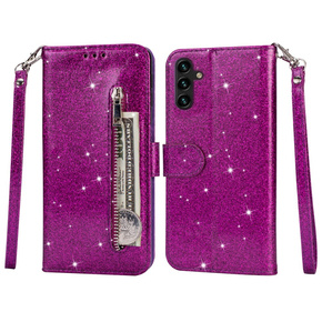 Klopové pouzdro pro Samsung Galaxy A35 5G, Wallet Zipper Pocket Glittery, fialové