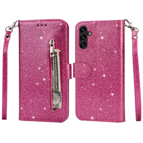 Klopové pouzdro pro Samsung Galaxy A35 5G, Wallet Zipper Pocket Glittery, růžové