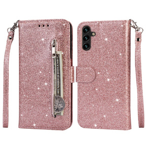 Klopové pouzdro pro Samsung Galaxy A35 5G, Wallet Zipper Pocket Glittery, růžové rose gold