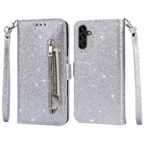 Klopové pouzdro pro Samsung Galaxy A35 5G, Wallet Zipper Pocket Glittery, stříbrné