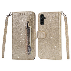 Klopové pouzdro pro Samsung Galaxy A35 5G, Wallet Zipper Pocket Glittery, zlaté