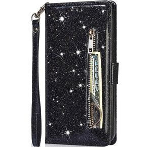 Klopové pouzdro pro Samsung Galaxy A55, Wallet Zipper Pocket Glittery, černé