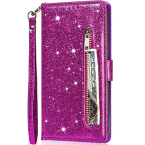 Klopové pouzdro pro Samsung Galaxy A55, Wallet Zipper Pocket Glittery, fialové