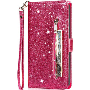 Klopové pouzdro pro Samsung Galaxy A55, Wallet Zipper Pocket Glittery, růžové