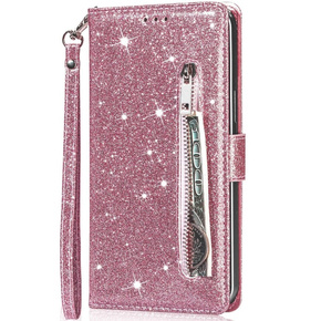 Klopové pouzdro pro Samsung Galaxy A55, Wallet Zipper Pocket Glittery, růžové rose gold