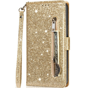 Klopové pouzdro pro Samsung Galaxy A55, Wallet Zipper Pocket Glittery, zlaté