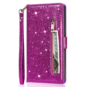 Klopové pouzdro pro Samsung Galaxy S24, Wallet Zipper Pocket Glittery, fialové