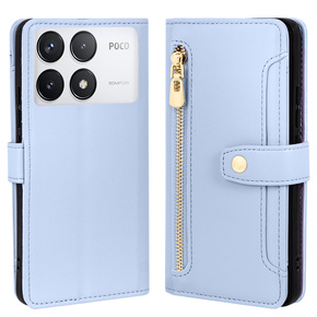 Klopové pouzdro pro Xiaomi Poco F6 Pro, Wallet Zipper Pocket, modré