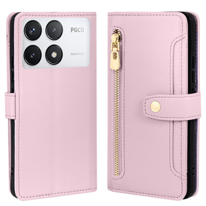 Klopové pouzdro pro Xiaomi Poco F6 Pro, Wallet Zipper Pocket, růžové
