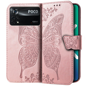 Klopové pouzdro pro Xiaomi Poco X4 Pro 5G, Butterfly, růžové rose gold