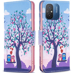 Klopové pouzdro pro Xiaomi Redmi 12C, Wallet, tree & owls, modré