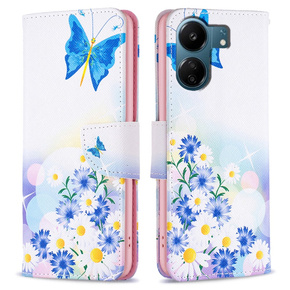 Klopové pouzdro pro Xiaomi Redmi 13C / Poco C65, Wallet, butterfly & flowers, bílé