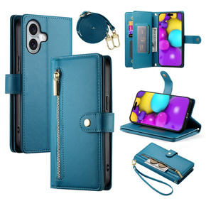 Klopové pouzdro pro iPhone 16 Plus, Wallet Zipper Pocket, modré