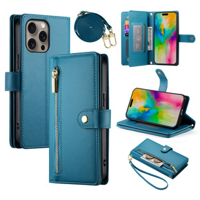 Klopové pouzdro pro iPhone 16 Pro Max, Wallet Zipper Pocket, modré