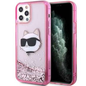 Pouzdro Karl Lagerfeld pro iPhone 12 / 12 Pro, Liquid Glitter Choupette Head, růžové