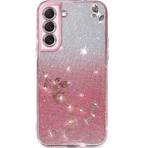 Pouzdro pro Samsung Galaxy S22+ Plus, Glitter Flower, růžové rose gold