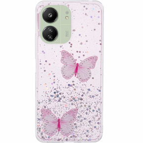 Pouzdro pro Xiaomi Redmi 13C / Poco C65, Glitter Butterfly, růžové