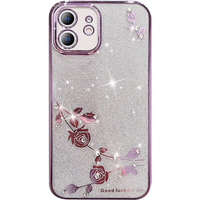Pouzdro pro iPhone 12, Glitter Flower, fialové