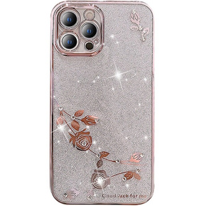 Pouzdro pro iPhone 12 Pro Max, Glitter Flower, růžové rose gold