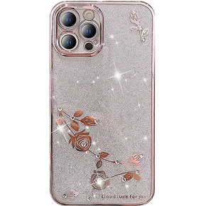 Pouzdro pro iPhone 14 Pro Max, Glitter Flower, růžové rose gold