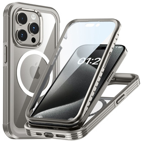 Pouzdro pro iPhone 15 Pro, Armoured Full Protect 360° pro MagSafe, sklo na displej, šedé