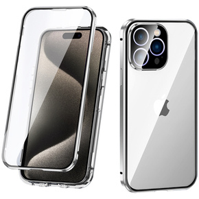 Pouzdro pro iPhone 15 Pro, Magnetic Dual Glass, stříbrné