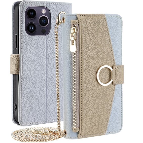 Flipové pouzdro Wallet Zipper Pocket pro iPhone 15 Pro Max, Wallet Zipper Pocket, se zrcátkem, modré