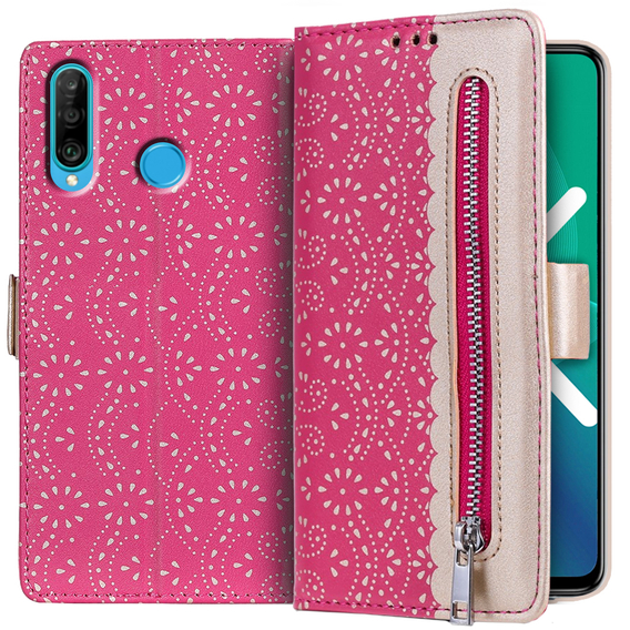 Flipové pouzdro pro Huawei P30 Lite, Wallet Pocket Zipper Lace, růžové