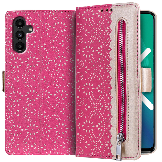 Flipové pouzdro pro Samsung Galaxy A04S / A13 5G, Wallet Pocket Zipper Lace, červené