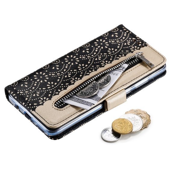 Klopové pouzdro pro Huawei P30 Lite, Wallet Zipper Lace Case, černé