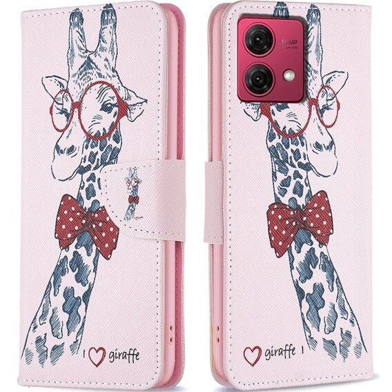 Klopové pouzdro pro Motorola Moto G84 5G, Wallet, giraffe, růžové