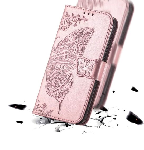 Klopové pouzdro pro Oppo Reno 12 Pro, Butterfly, růžové rose gold