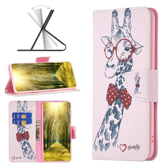 Klopové pouzdro pro Samsung Galaxy A05s, Wallet, giraffe, růžové