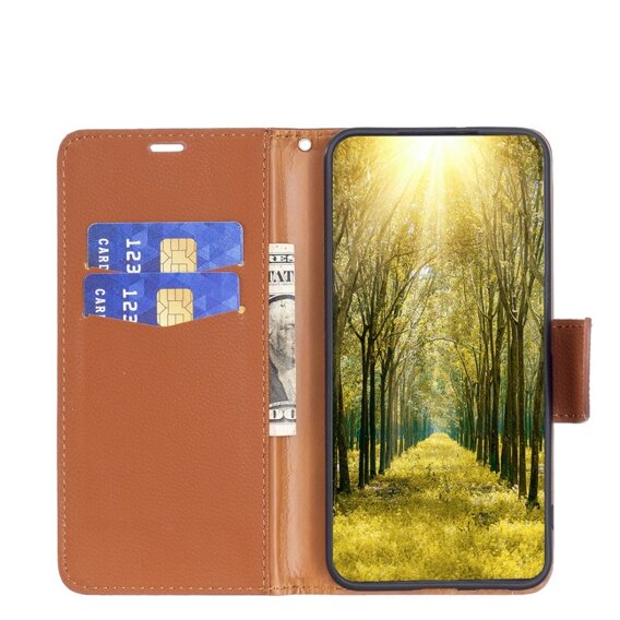 Klopové pouzdro pro Samsung Galaxy A15, Wallet Litchi Leather, hnědé + 9H sklo 