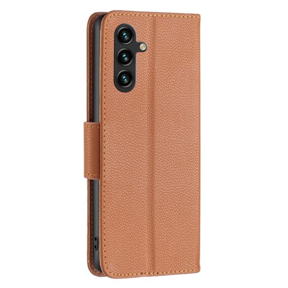 Klopové pouzdro pro Samsung Galaxy A15, Wallet Litchi Leather, hnědé + 9H sklo 