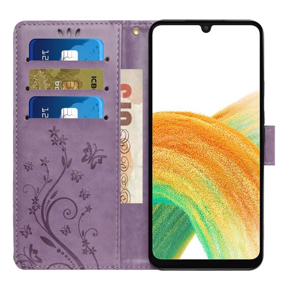 Klopové pouzdro pro Samsung Galaxy A25 5G, Butterfly, fialové + 9H sklo 