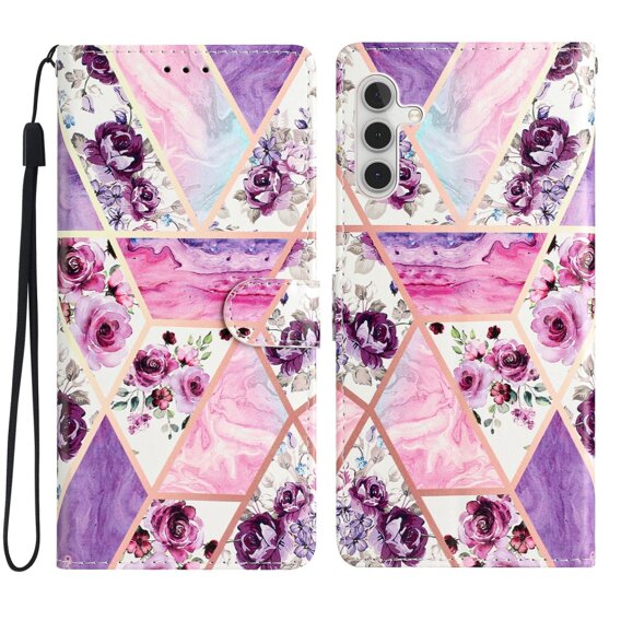 Klopové pouzdro pro Samsung Galaxy A25 5G, Wallet, marble & flowers, růžové + 9H sklo 