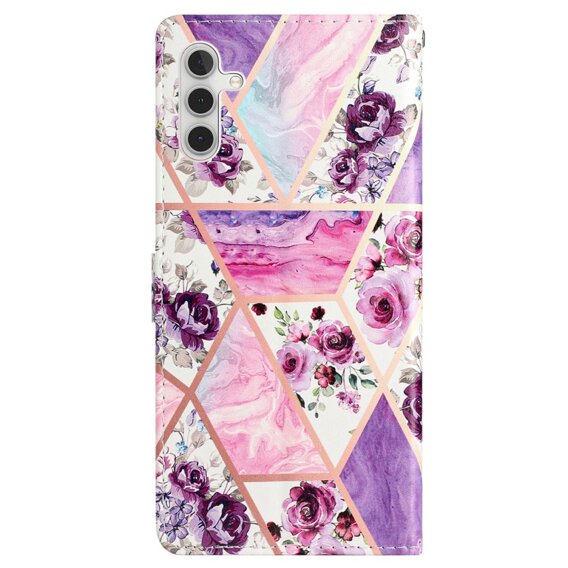 Klopové pouzdro pro Samsung Galaxy A25 5G, Wallet, marble & flowers, růžové + 9H sklo 