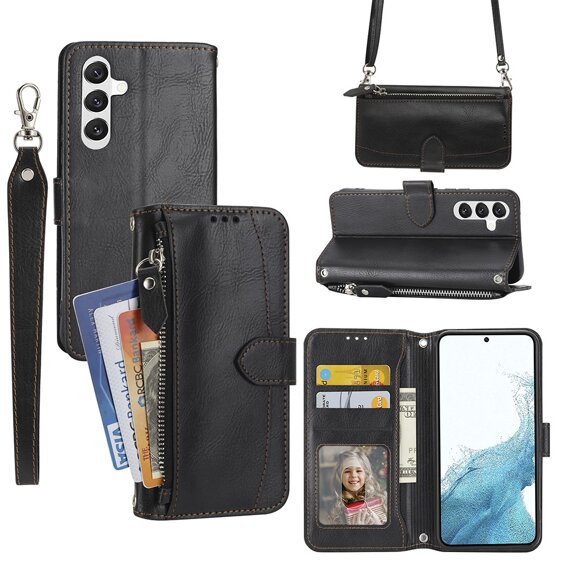 Klopové pouzdro pro Samsung Galaxy A54 5G, Wallet Zipper Pocket, s popruhem přes rameno, černé